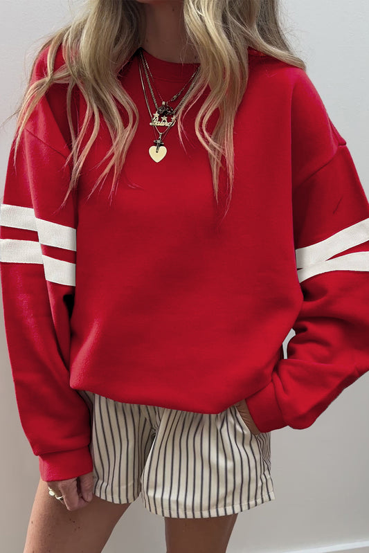 Fiery Red Preppy Striped Sleeve Loose Sweatshirt