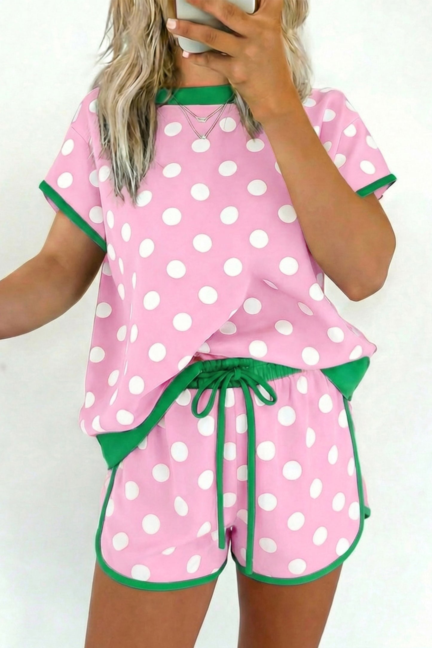 Sky Blue Polka Dot Contrast Edge Casual Short Set