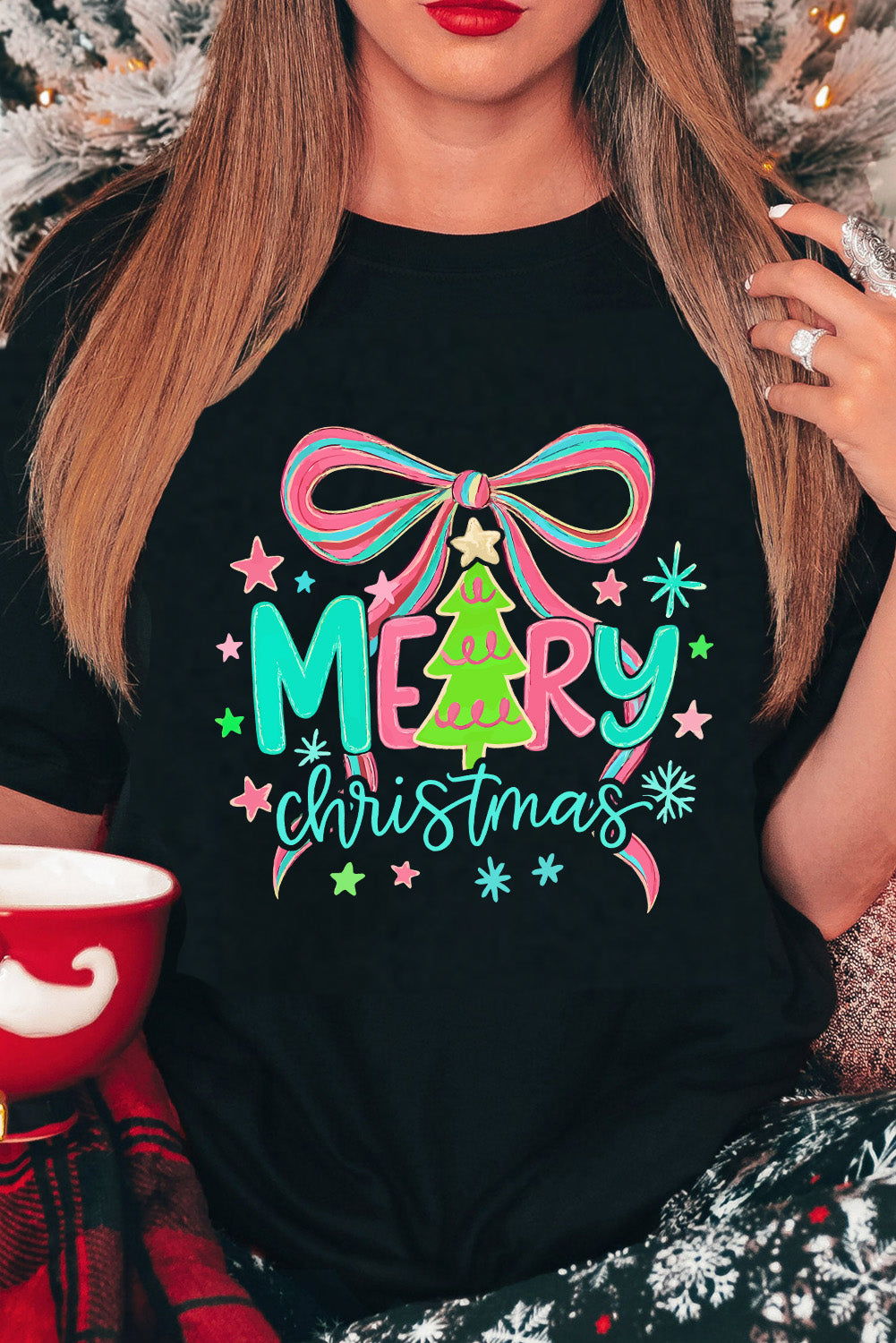 Black MERRY Christmas Vibrant Bow Heat Transfer Printing T Shirt