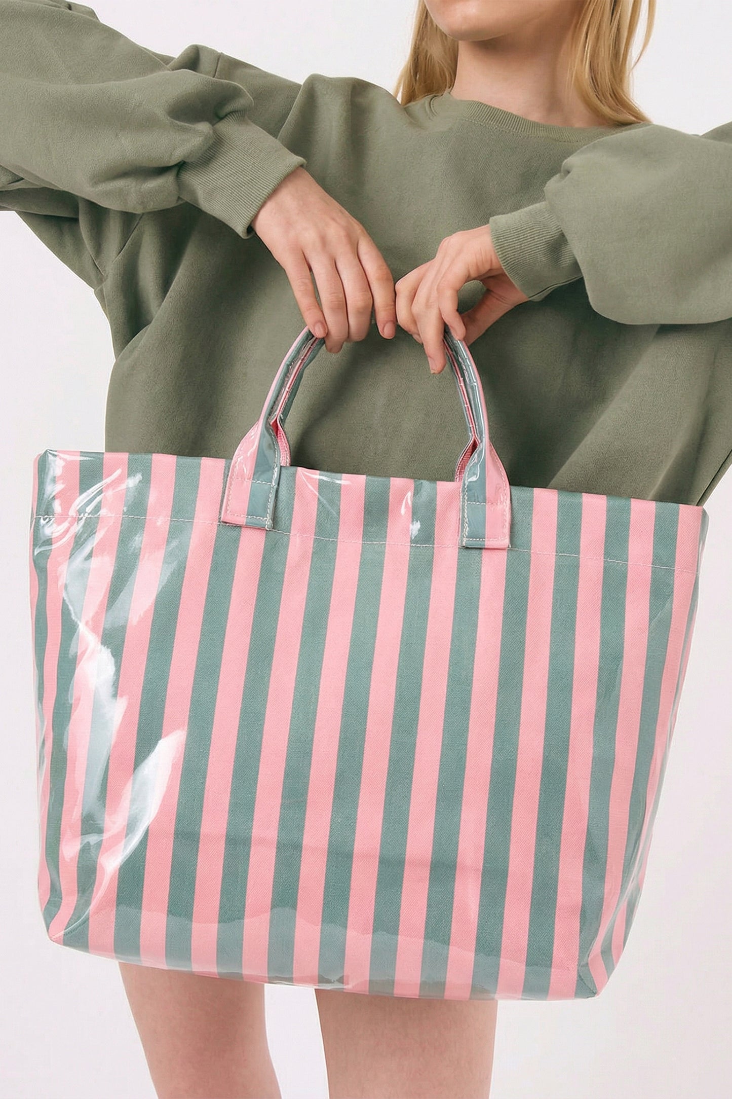 Pink Glossy Striped Vinyl Large Tote Bag
