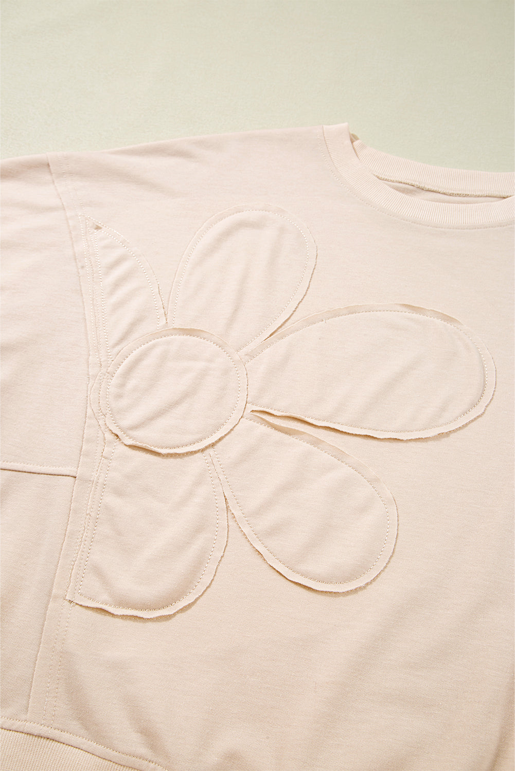 Smoke Green Raw Edge Flower Patch Drop Shoulder Long Sleeve Top