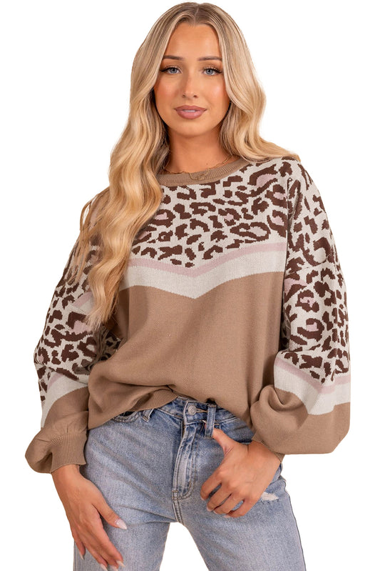 Straw Yellow Leopard Colorblock Patchwork Round Neck Sweater