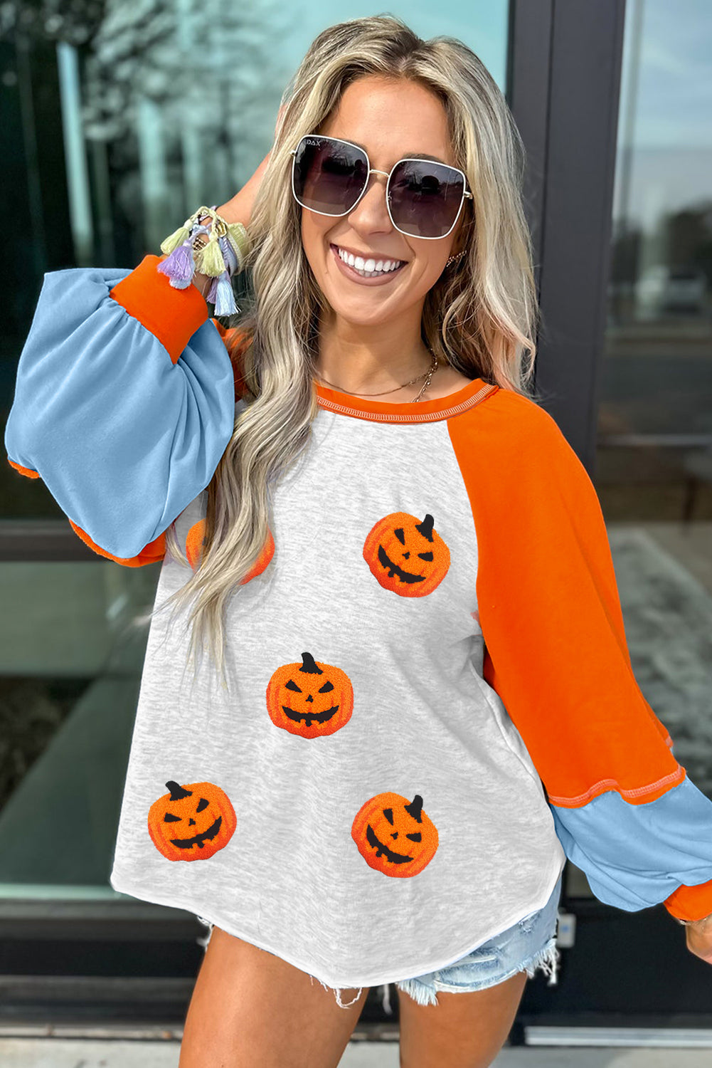 Light Grey Chenille Halloween Pumpkin Patched Patchwork Long Sleeve Top