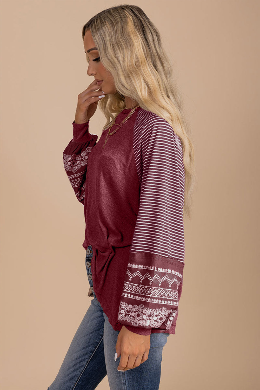 Brown Contrast Print Striped Raglan Long Sleeve Loose Top