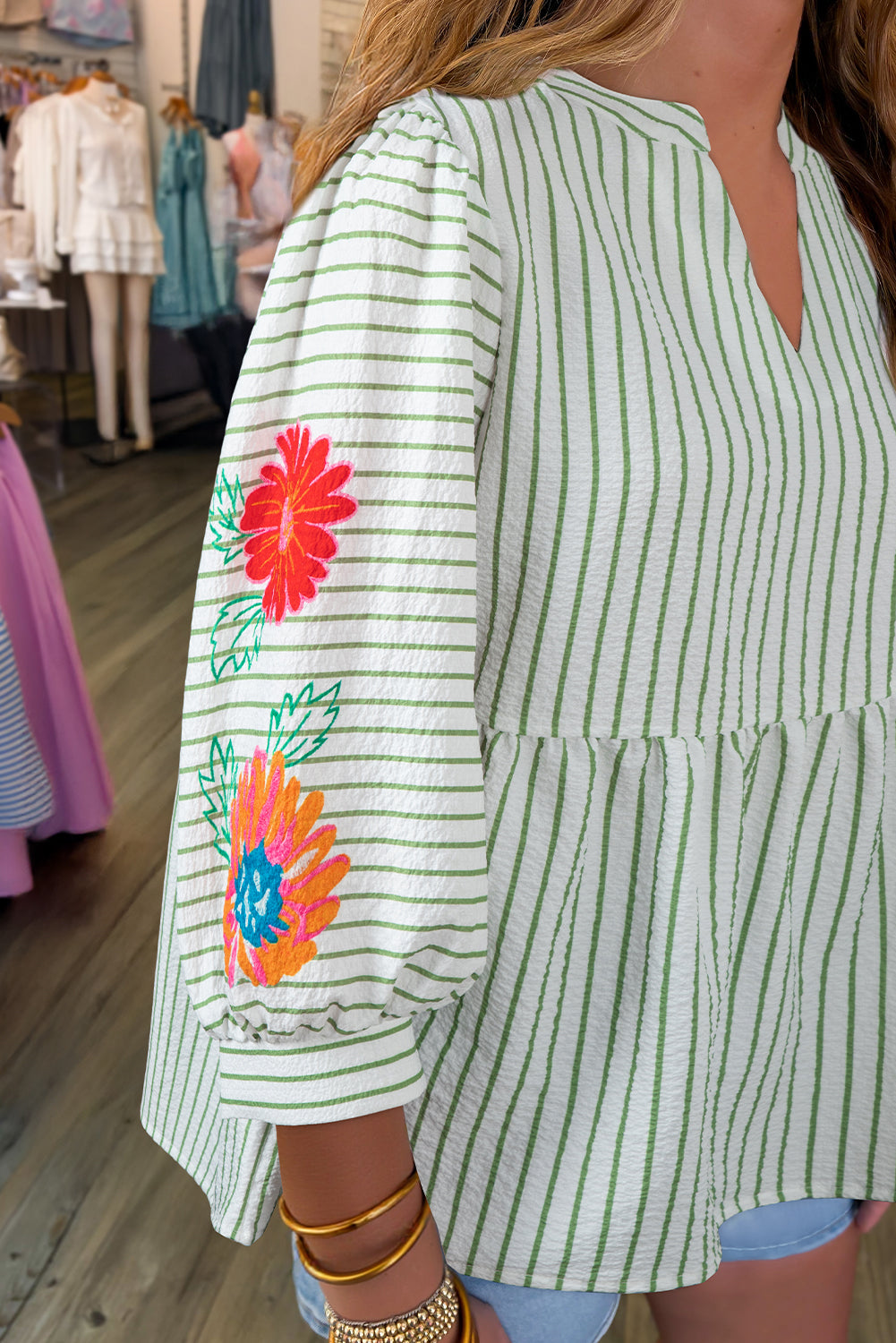 Green Stripe Flower Puff Sleeve Notch Neck Babydoll Blouse