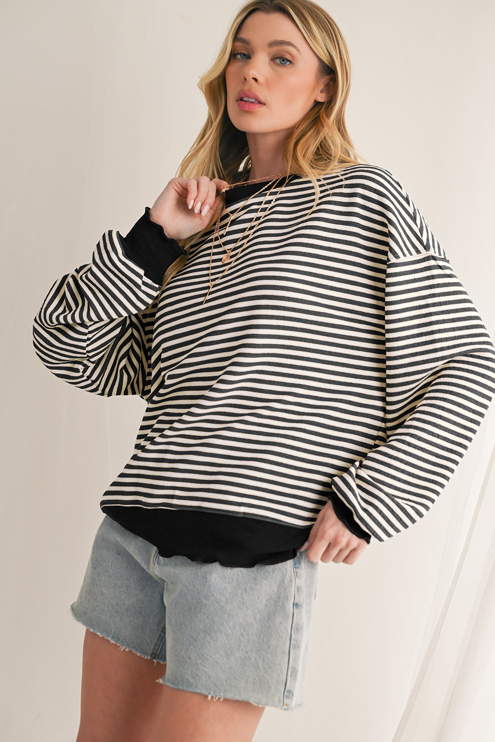 Brown Stripe Drop Shoulder Long Sleeve Top
