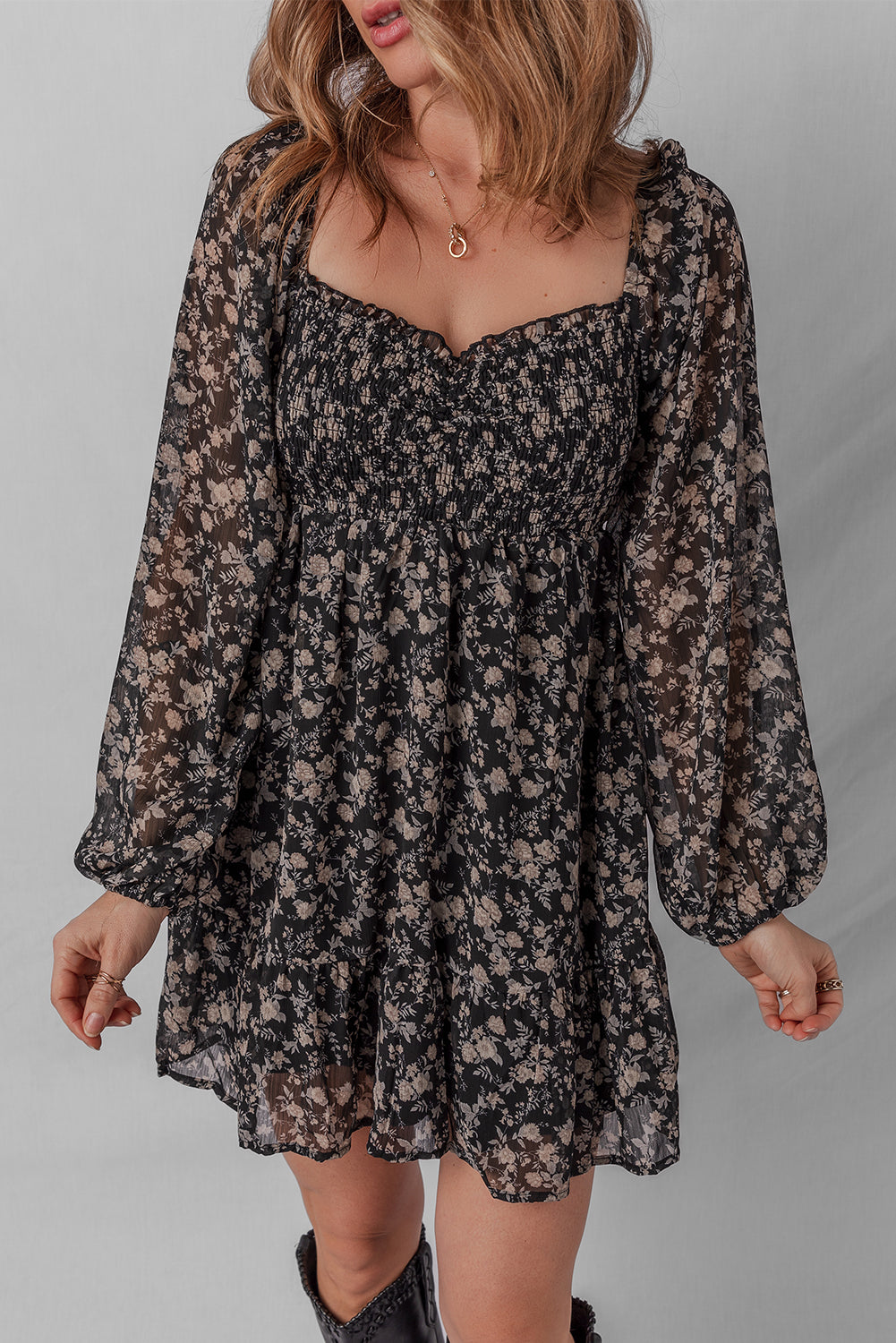 Black Floral Long Sleeve Frilly Shirred Square Neck Mini Dress
