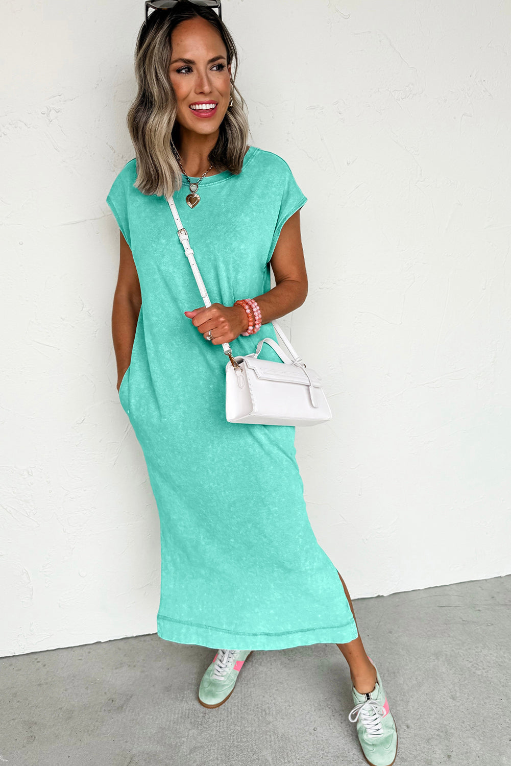 Clearly Aqua Mineral Wash Pocketed T-shirt Dress
