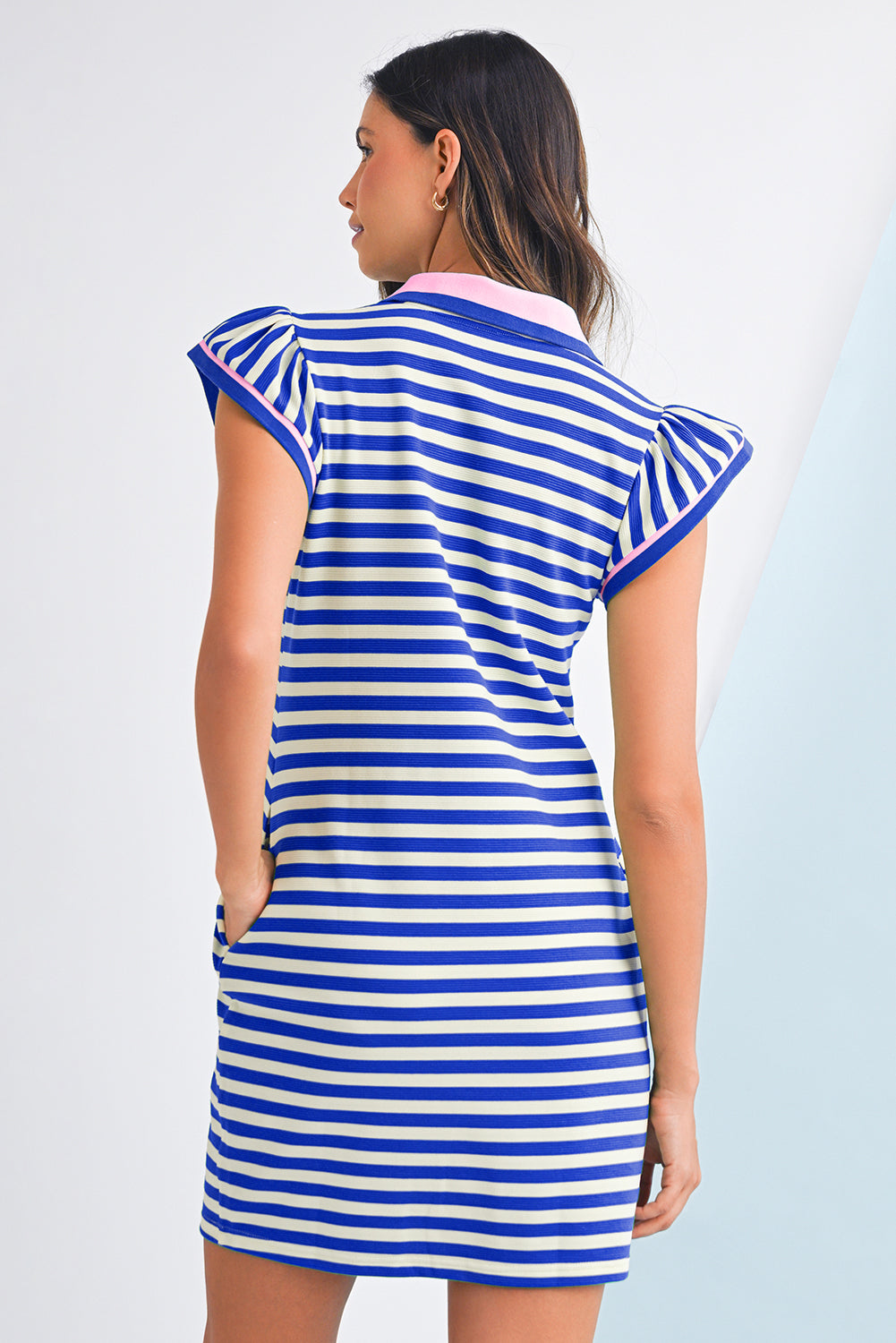 Dark Blue Striped Ruffle Short Sleeve Pop of Color Neckline Dress