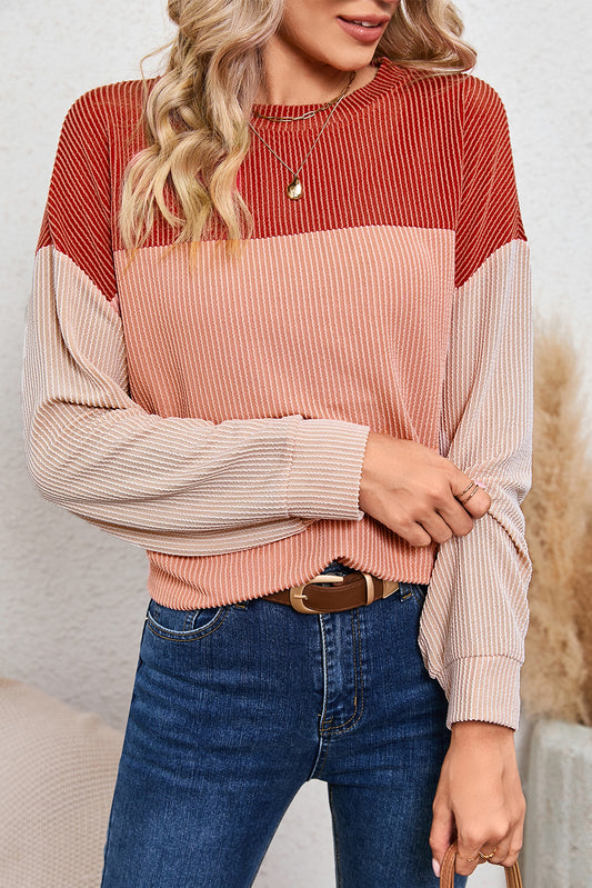 Red Color Block Ribbed Loose Long Sleeve Top