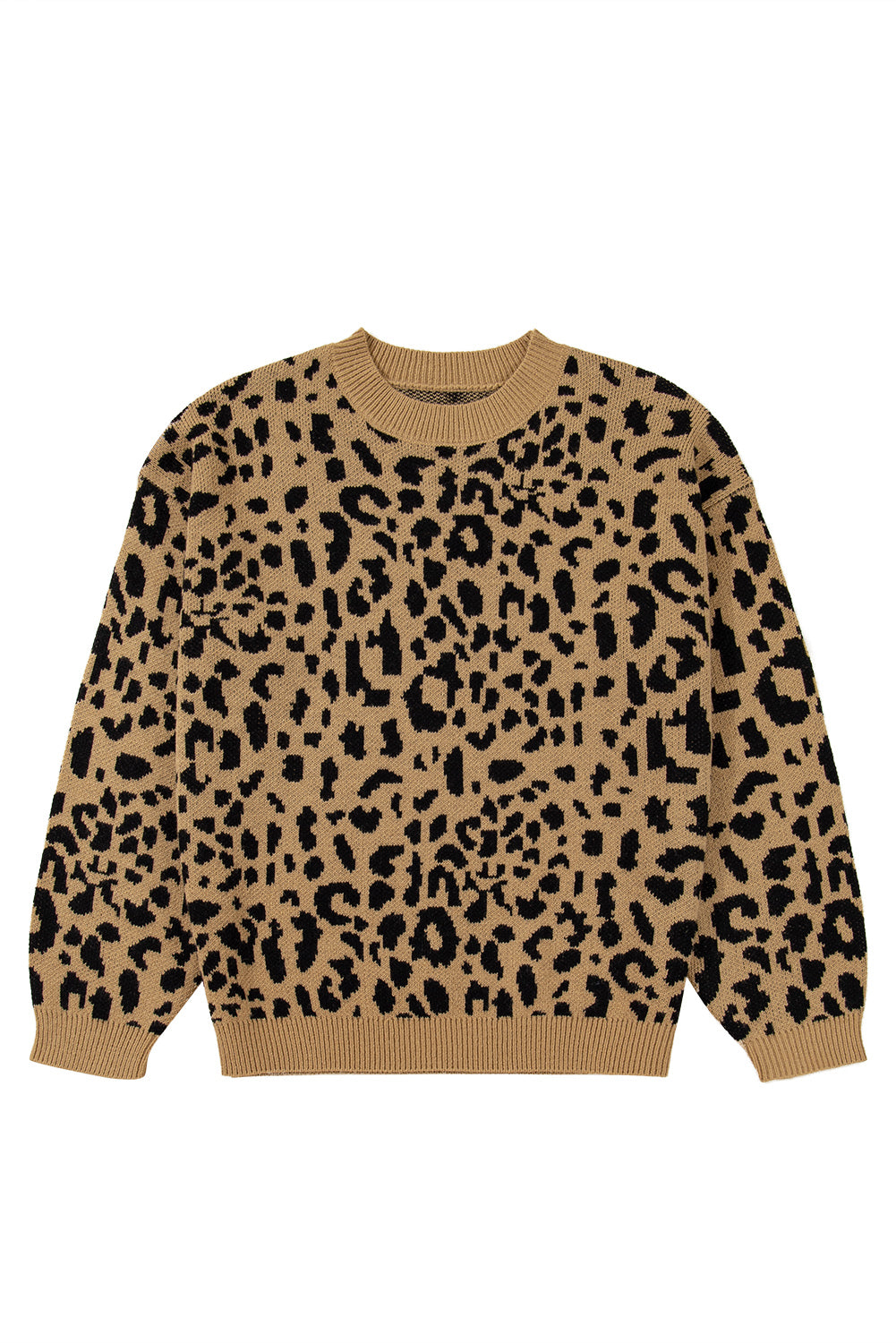 Light French Beige Leopard Round Neck Long Sleeve Sweater