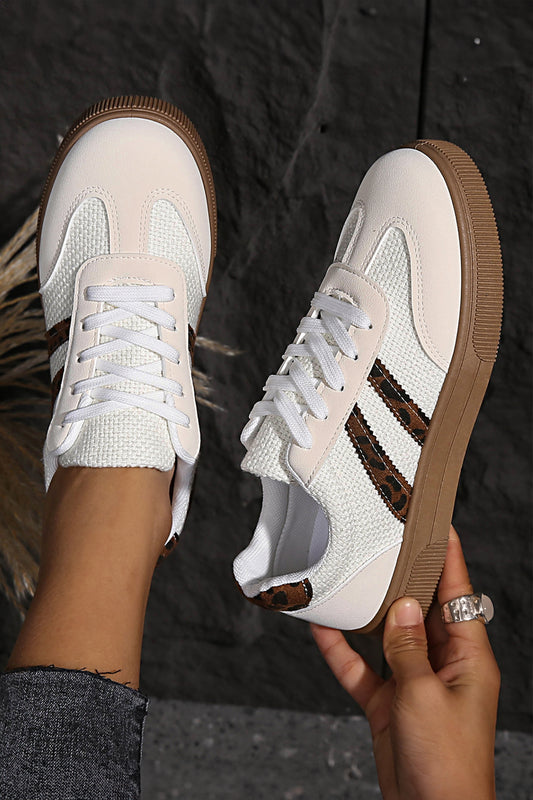 White Textured Woven PU Leather Leopard Patchwork Flat Sneakers
