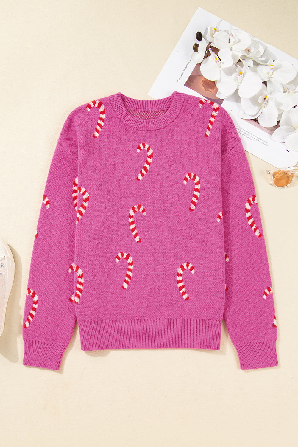 Sachet Pink Christmas Candy Cane Drop Shoulder Sweater