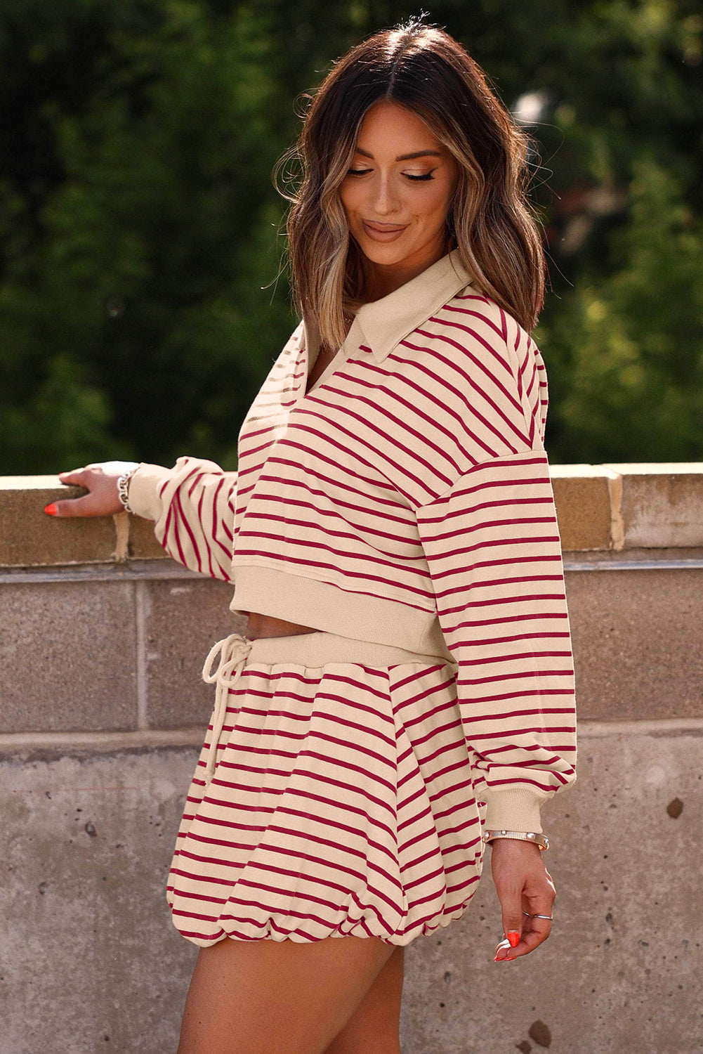 Red Stripe Cropped Collared Drop Shoulder Pullover and Bubble Mini Skirt Set