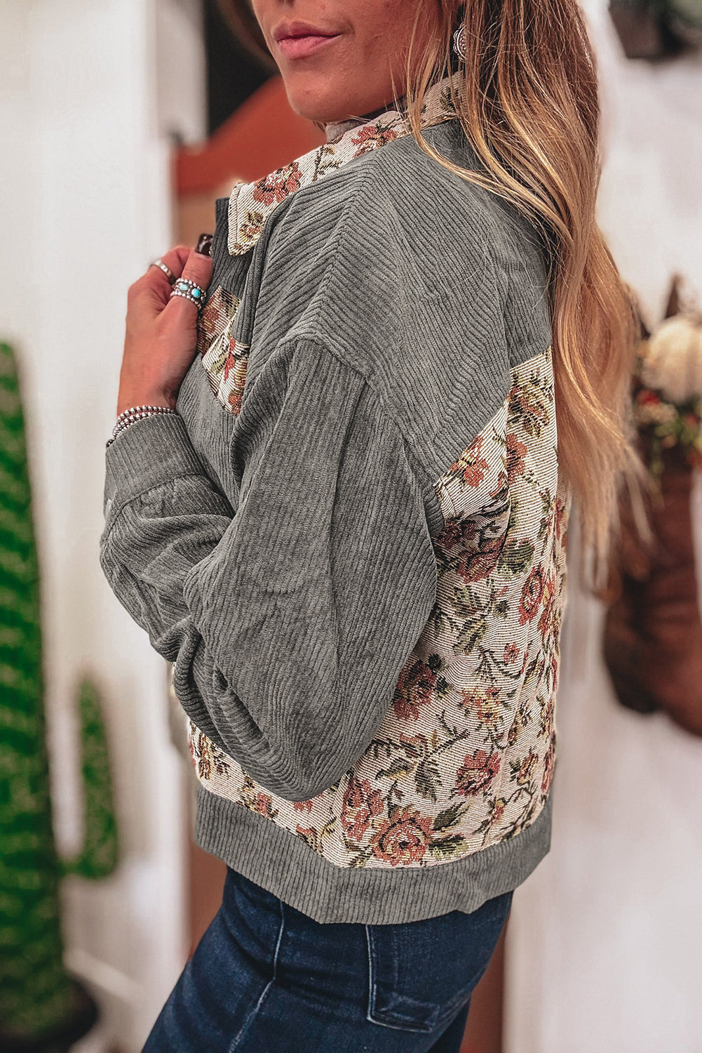 Medium Grey Ribbed Retro Floral Patchwork Jacket