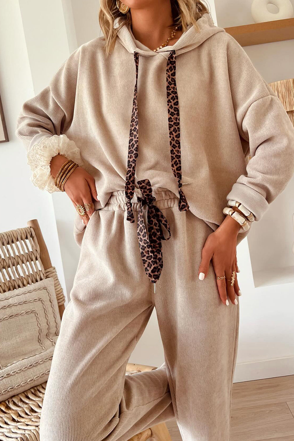 Smoke Gray Drawstring Pullover Hoodie and High Waist Pants Corduroy Suit