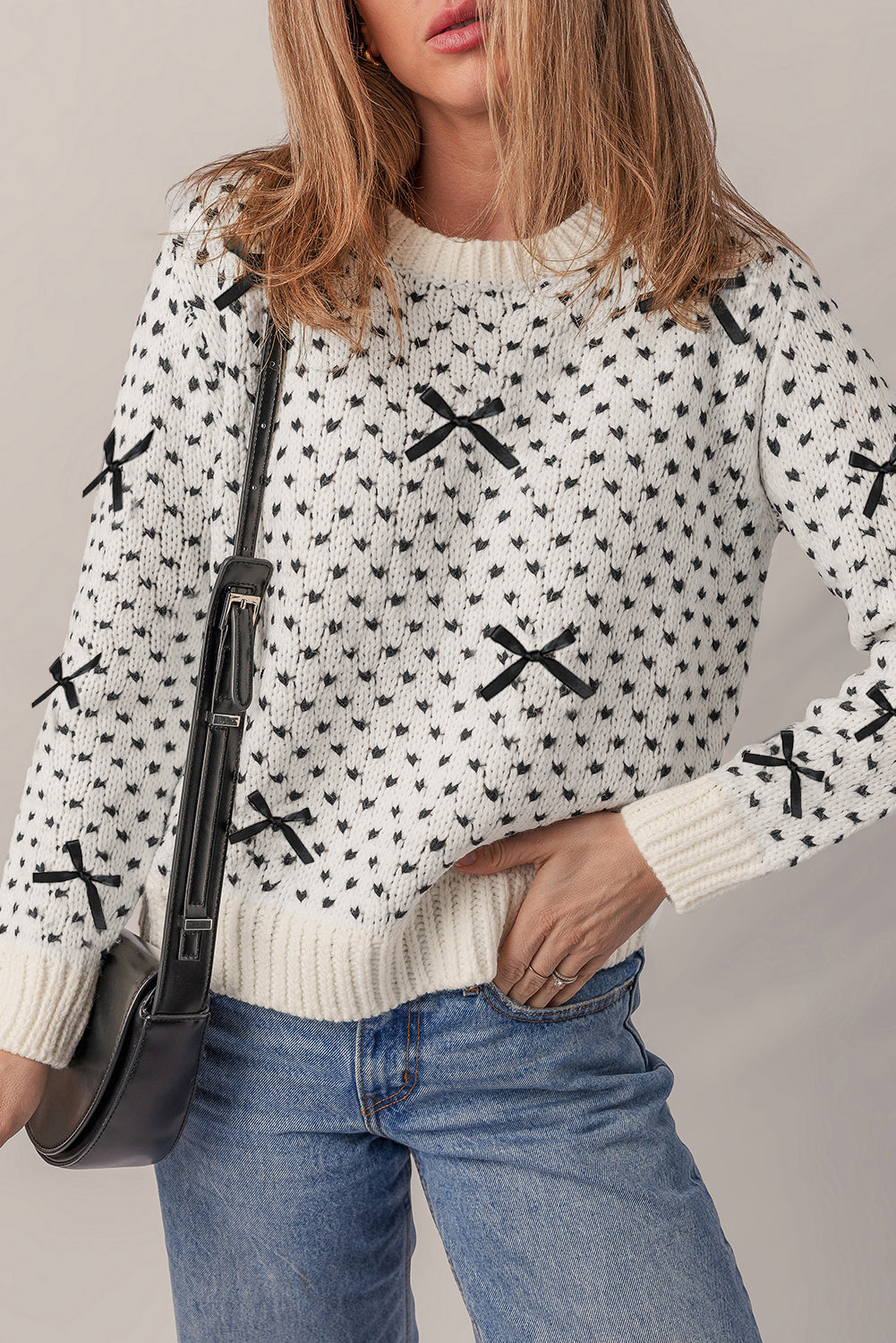 Beige Bow Decor Color Contrast Ribbed Edge Crew Neck Sweater