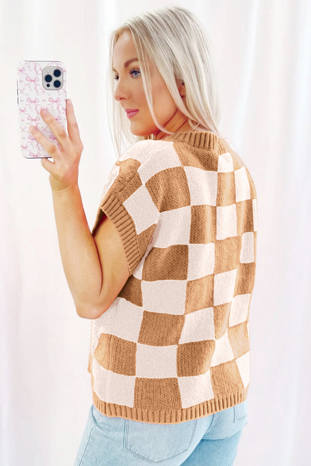 Light French Beige Checkered Knit Dolman Short Sleeve Sweater