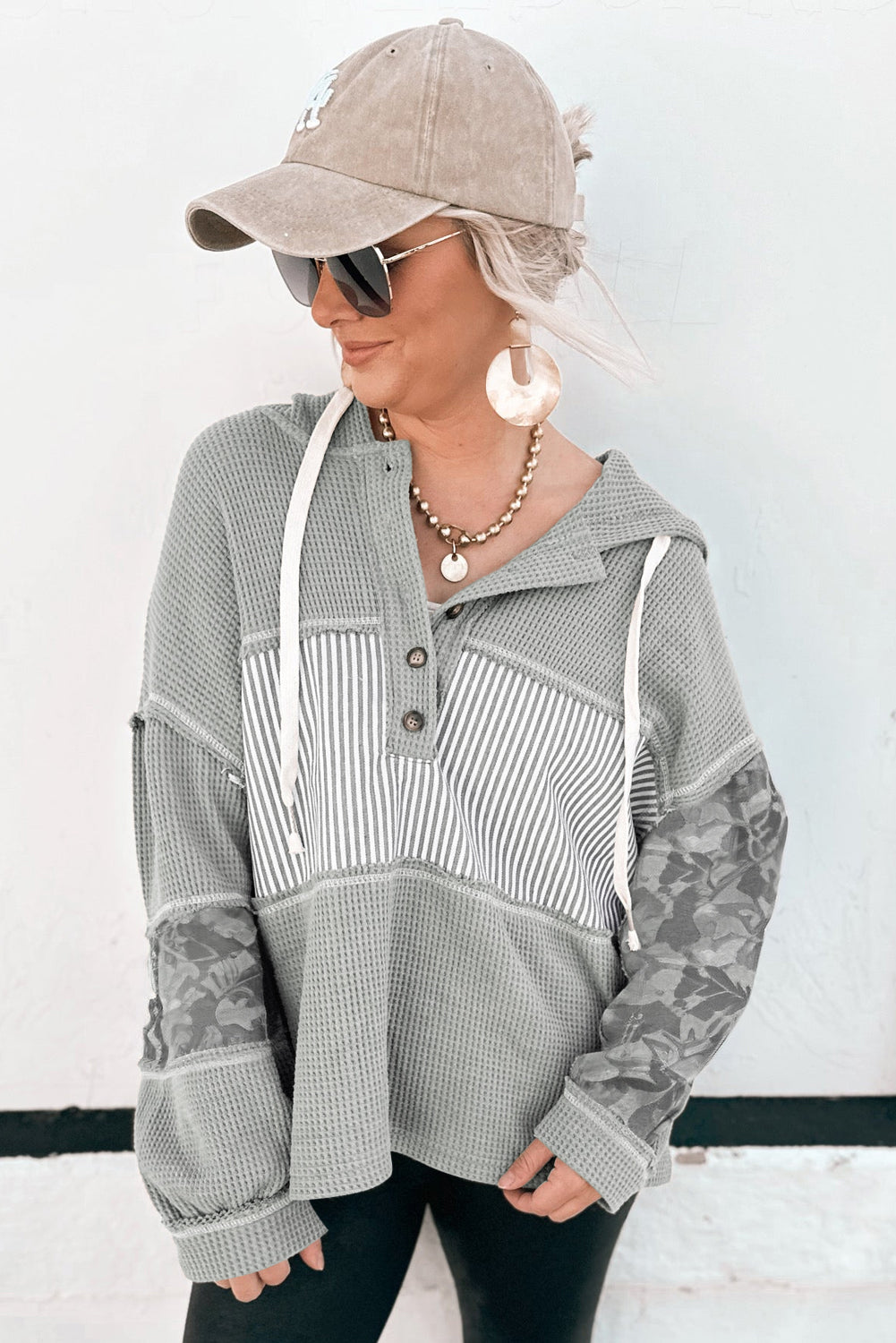 Gray Waffle Patchwork Drawstring Hooded Long Sleeve Top