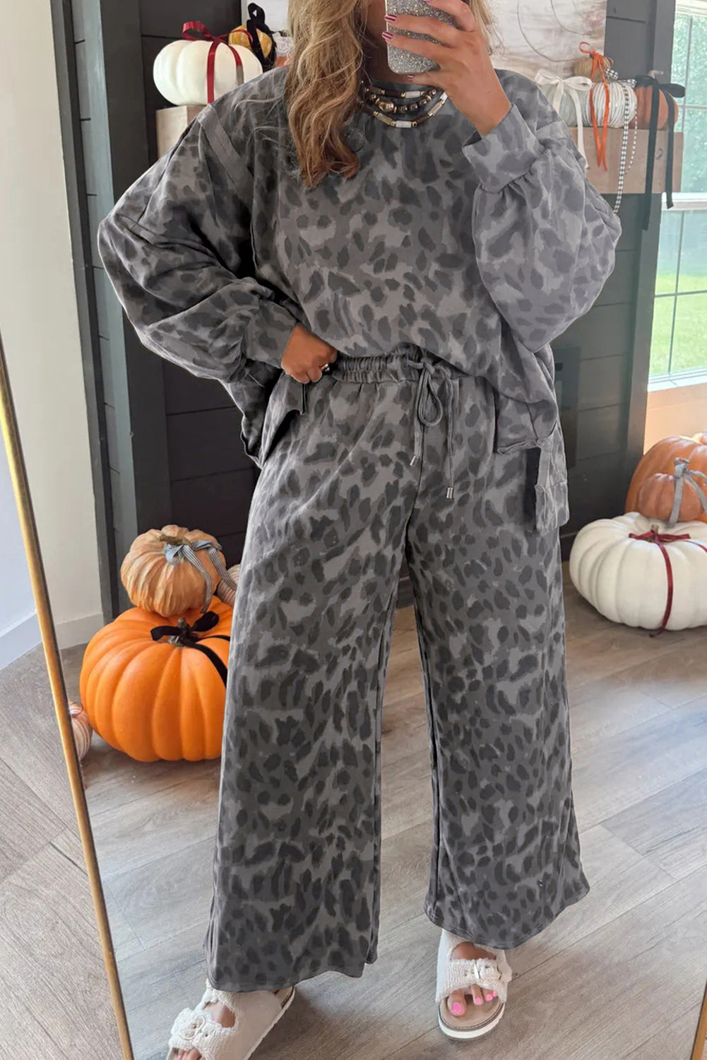 Brown Allover Leopard Print Pullover Drawstring Loose Pants Set