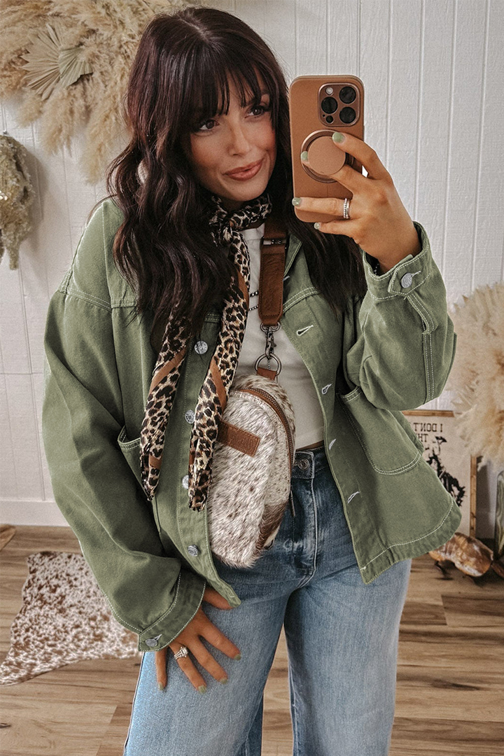 Smoke Green Pocket Collared Button Front Denim Jacket