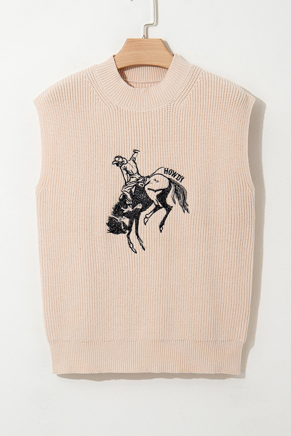 Oatmeal Cowboy Graphic High Neck Short Sleeve Knit Top