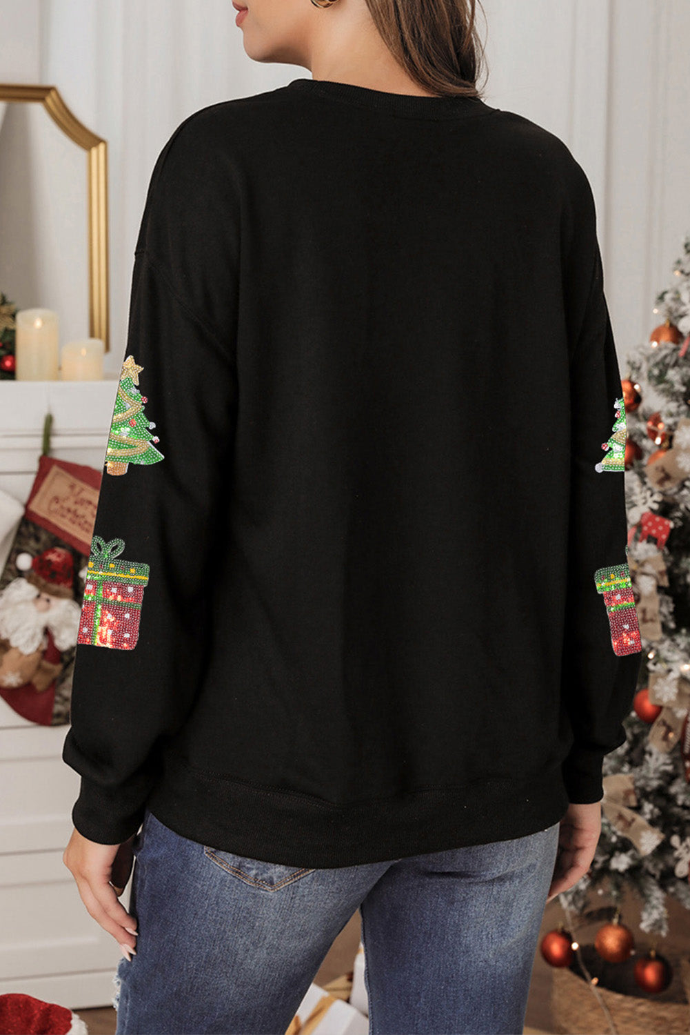 Black Sequin Christmas Trees Gifts Patched Drop Shoulder Sweatshirt