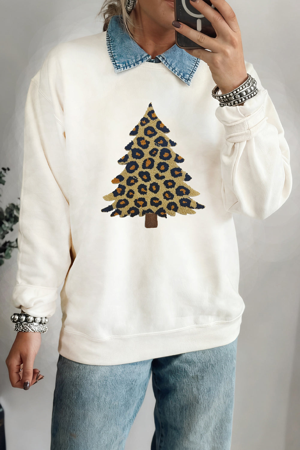 White Leopard Christmas Tree Terry Flocking Round Neck Sweatshirt