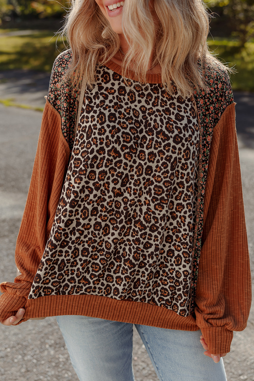 Brown Leopard Floral Print Ribbed Patchwork Puff Sleeve Loose Pullover