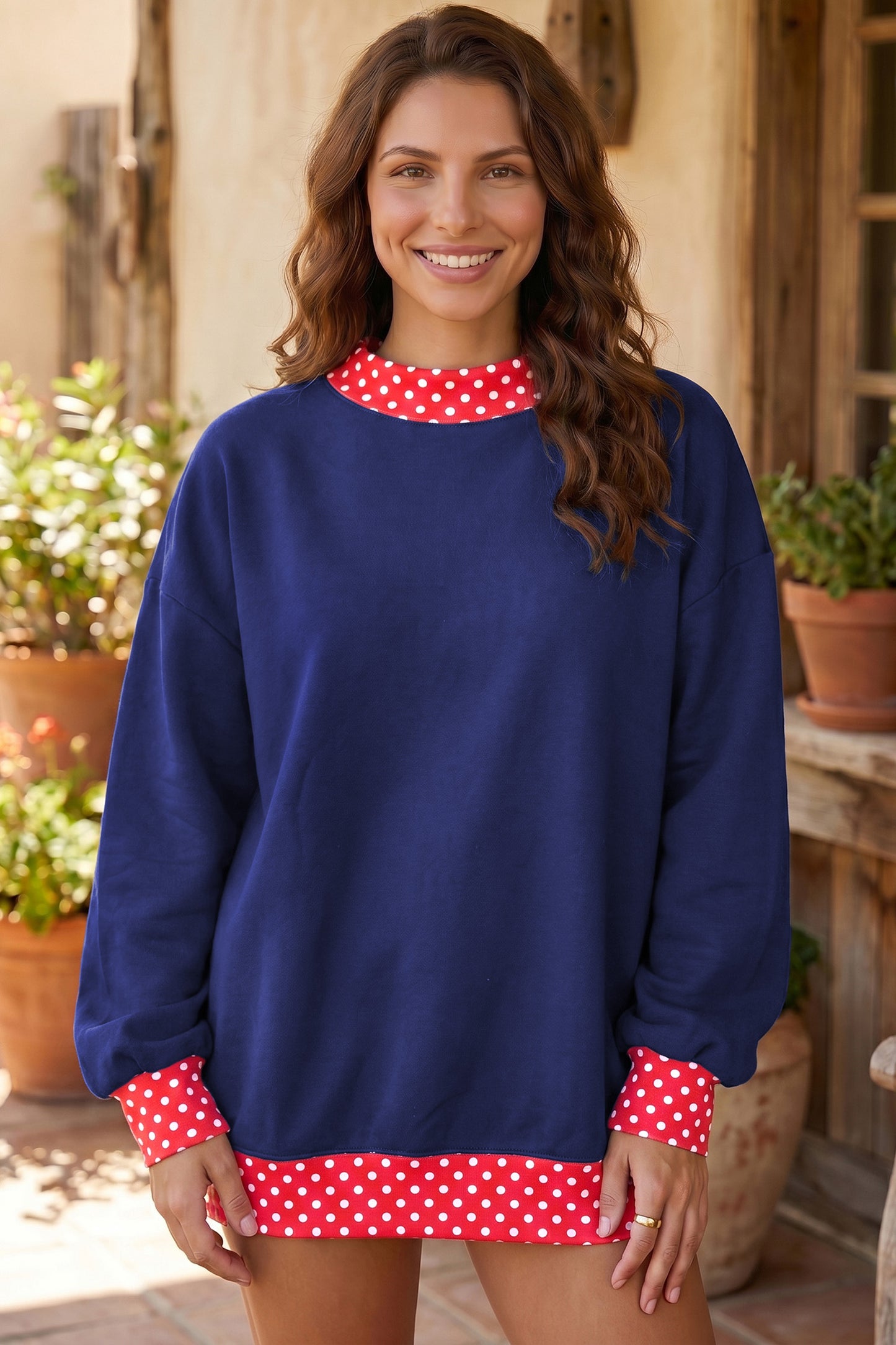 Racing Red Colorblock Polka Dot Contrast Trim Oversized Sweatshirt