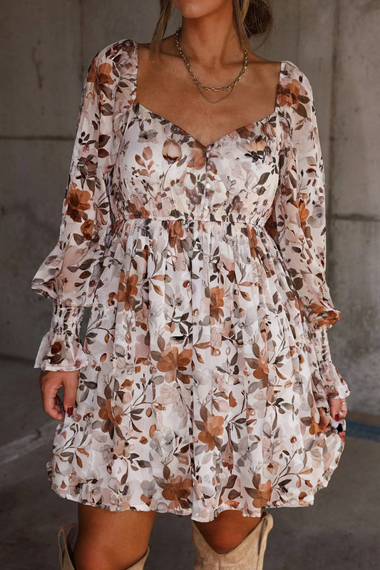 White Floral Print Sweetheart Neck High Waist Mini Dress