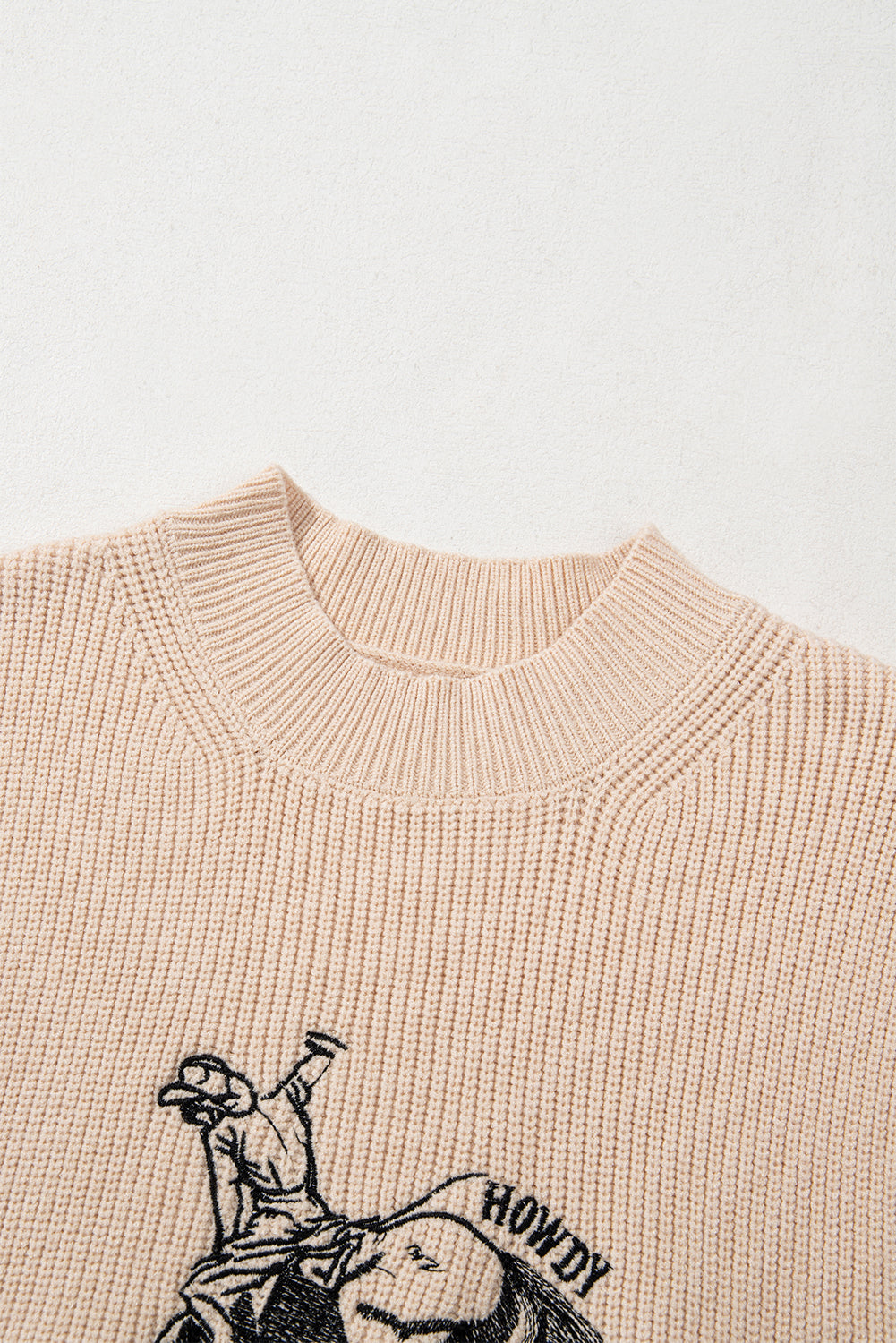 Oatmeal Cowboy Graphic High Neck Short Sleeve Knit Top