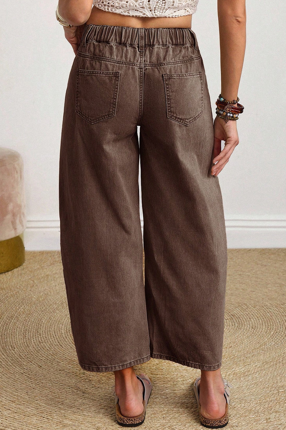 Beau Blue Solid Color Square Patch Pocket Ankle-length Barrel Jeans