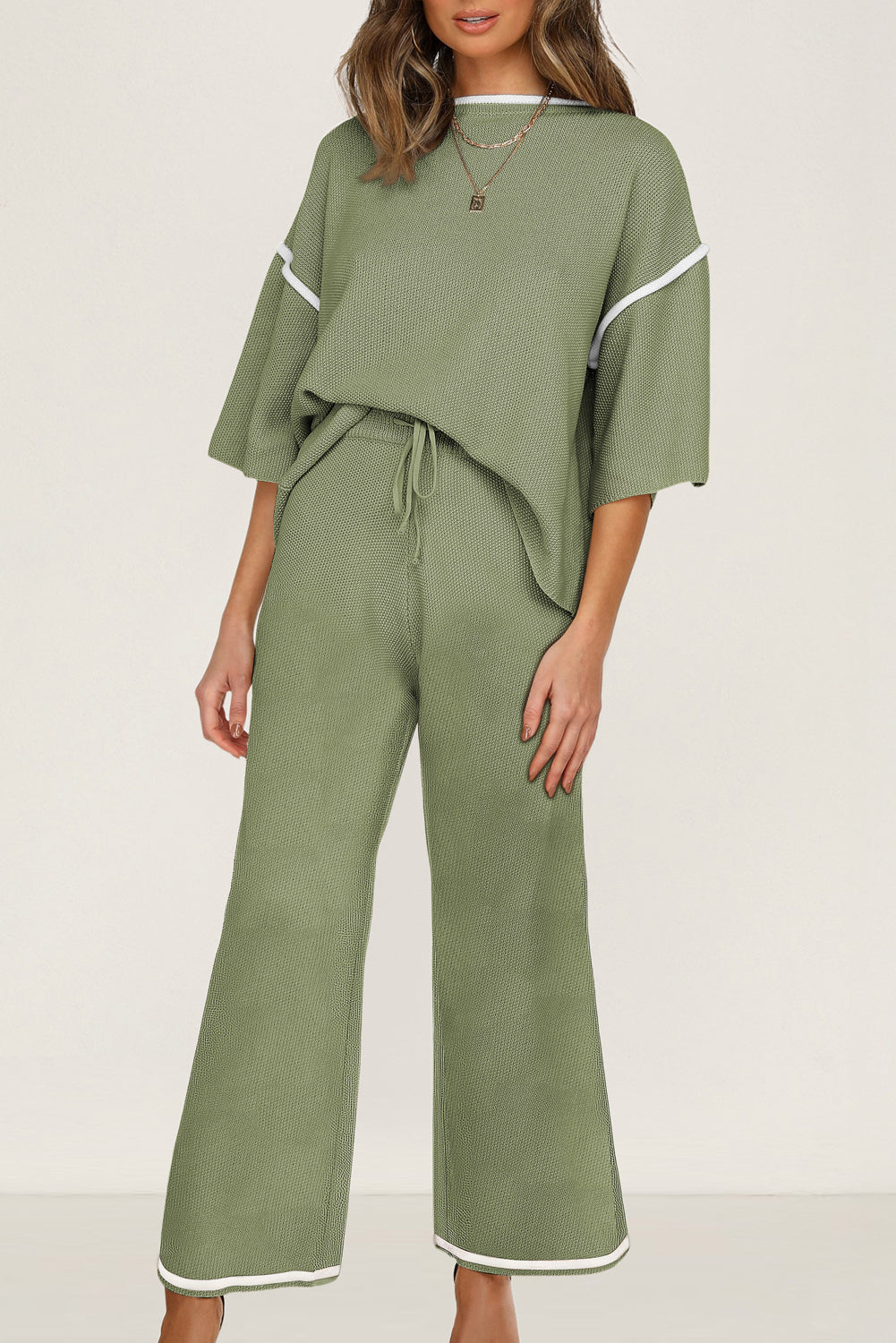 Navy Blue Loose Contrast Trim Half Sleeve Top and Drawstring Pants Set