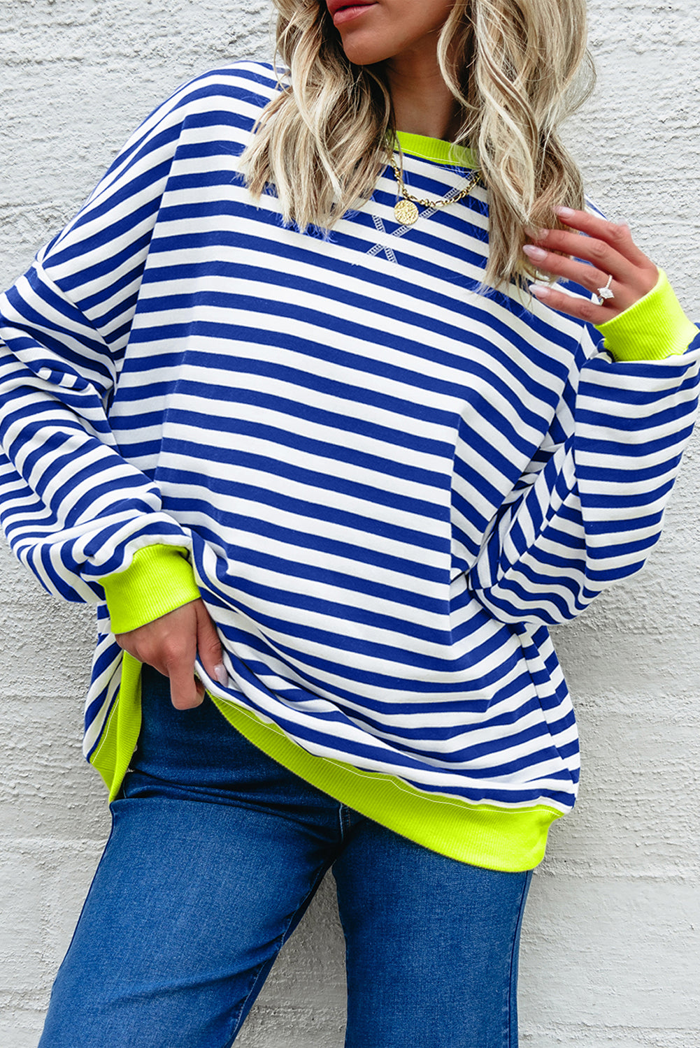 Sky Blue Striped Contrast Trim Drop Shoulder Sweatshirt