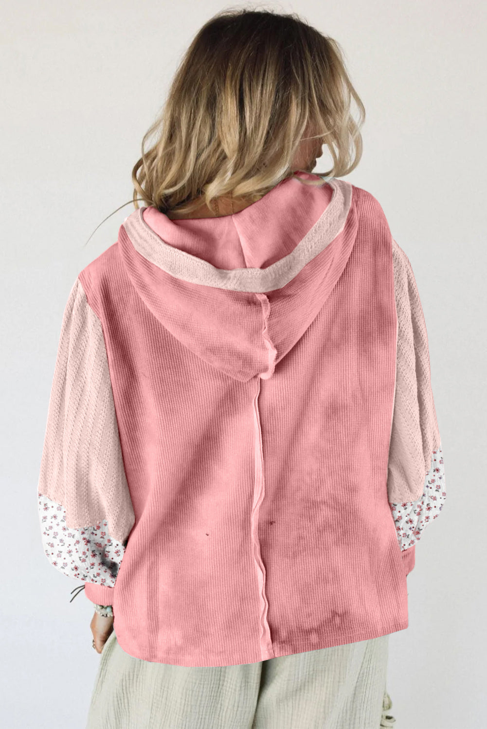 Pink Floral Textured Colorblock Patchwork Lantern Sleeve Hooded Top