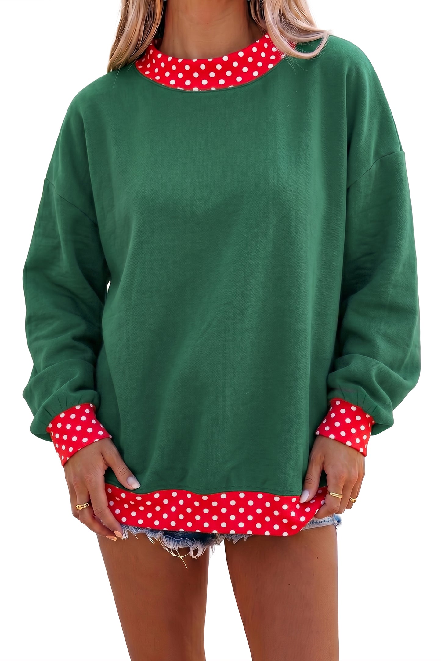 Racing Red Colorblock Polka Dot Contrast Trim Oversized Sweatshirt