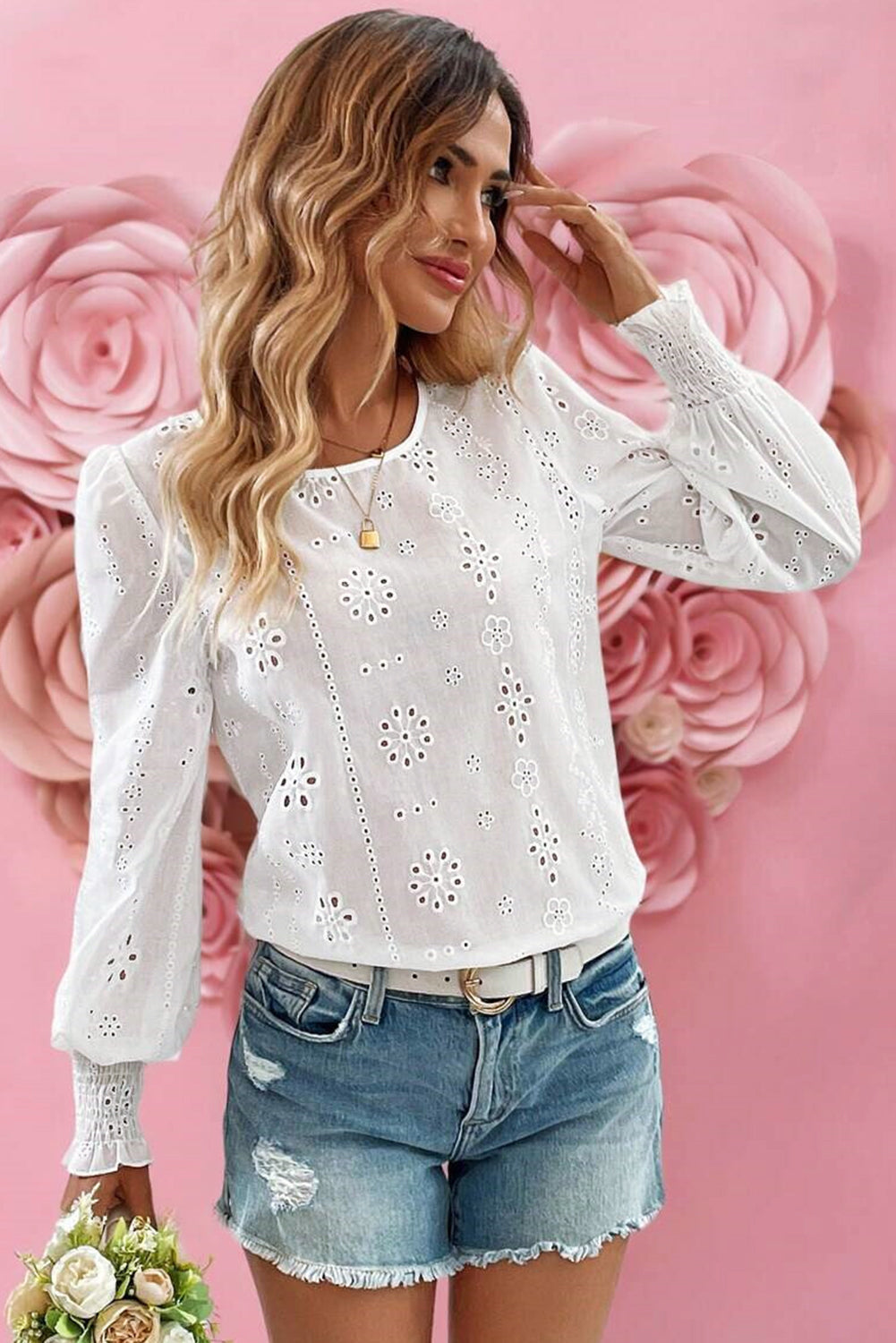 White Eyelet Embroidered Smocked Cuffs Blouse