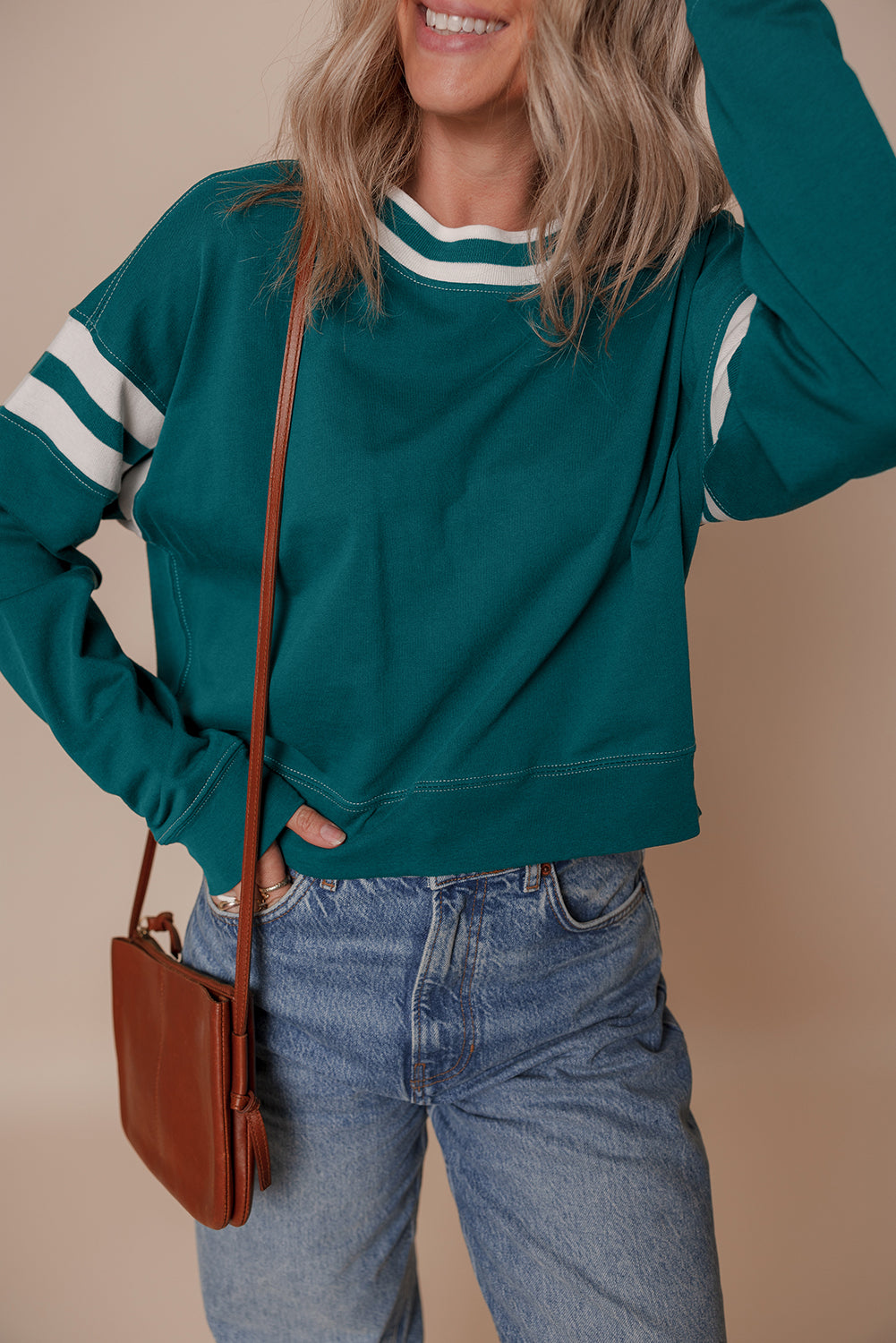 Blackish Green Contrast Striped Patchwork Drop Shoulder Sweatshirt