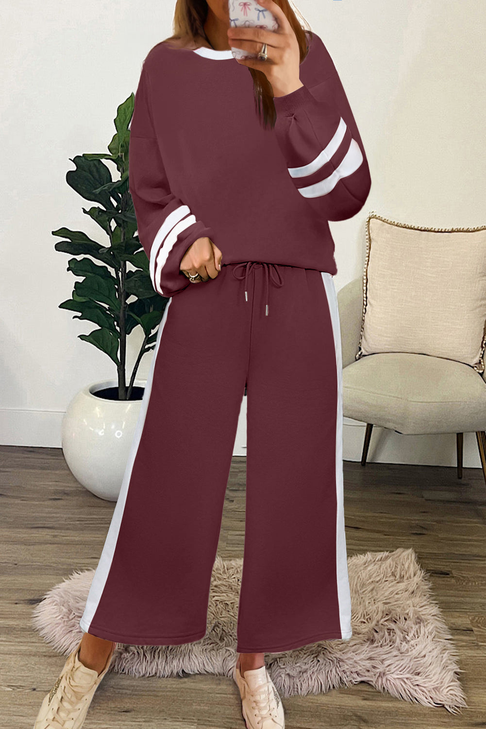 Chestnut Varsity Stripe Patchwork Puff Sleeve Pullover Drawstring Wide Leg Pant Set