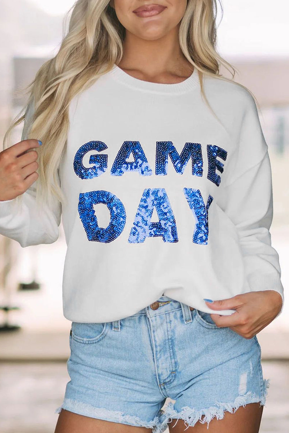 White Sequins GAME DAY Graphic Round Neck Sweater
