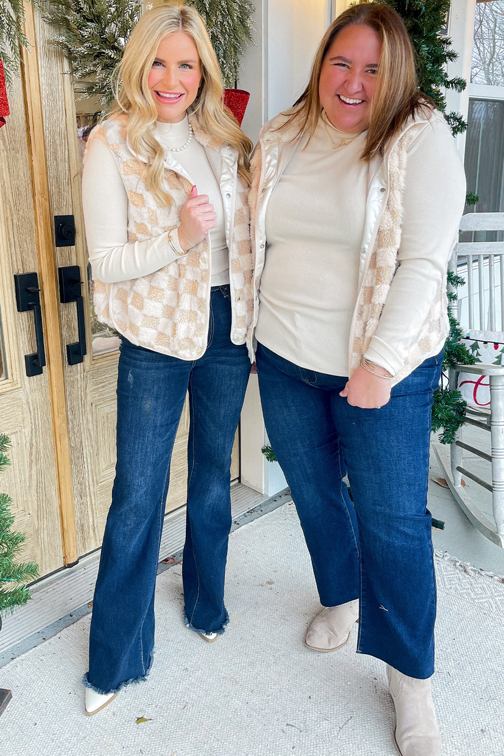 Khaki Sherpa Checkerboard Snap Button Vest Jacket