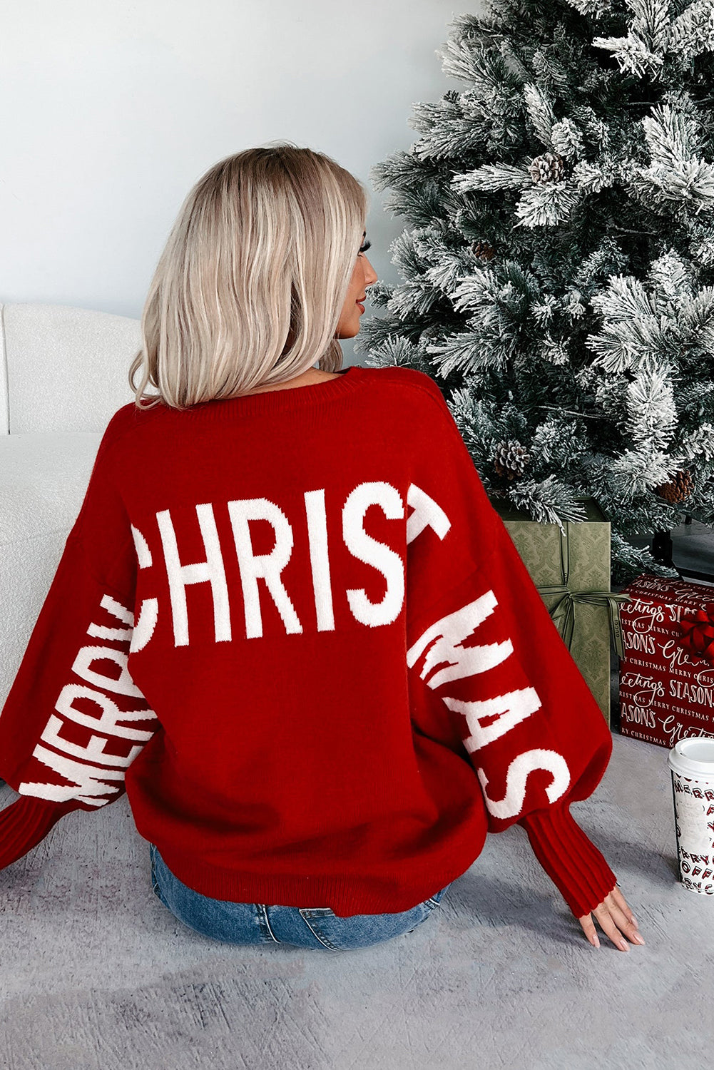 Red MERRY CHRISTMAS HO HO HO Drop Shoulder Loose Sweater