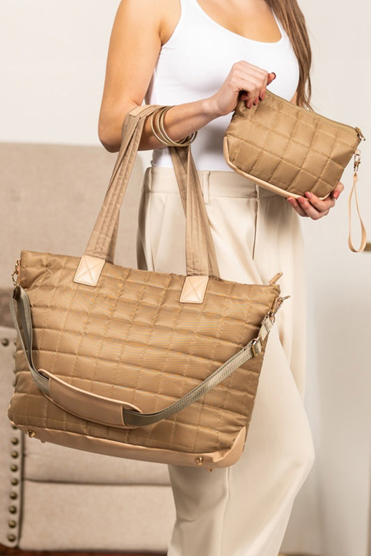 Camel Quilted Patchwork Large Tote Bag and Clutch 2pcs Set