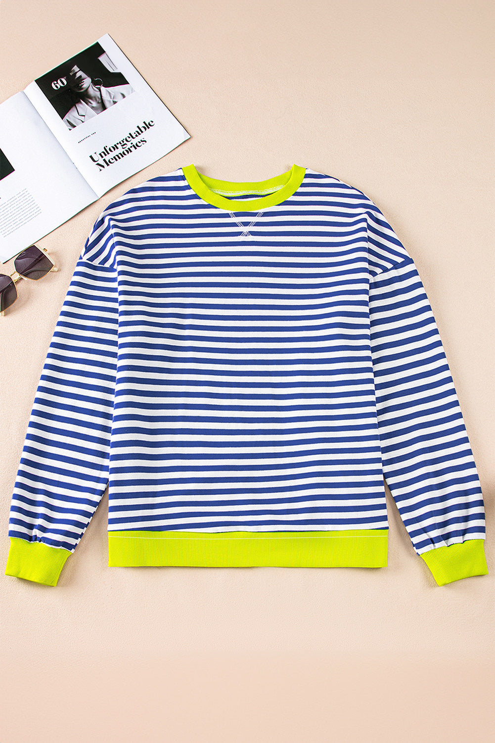 Sky Blue Striped Contrast Trim Drop Shoulder Sweatshirt