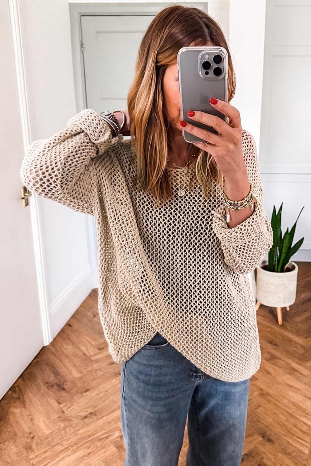 Smoke Gray Crochet Hollow-out Knit Sweater