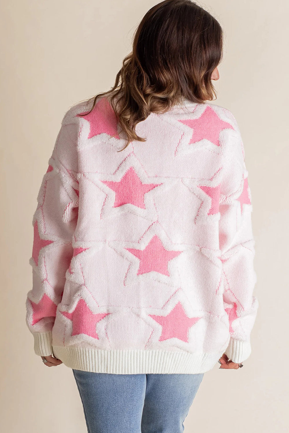 Sachet Pink Star Pattern Drop Sleeve Loose Sweater
