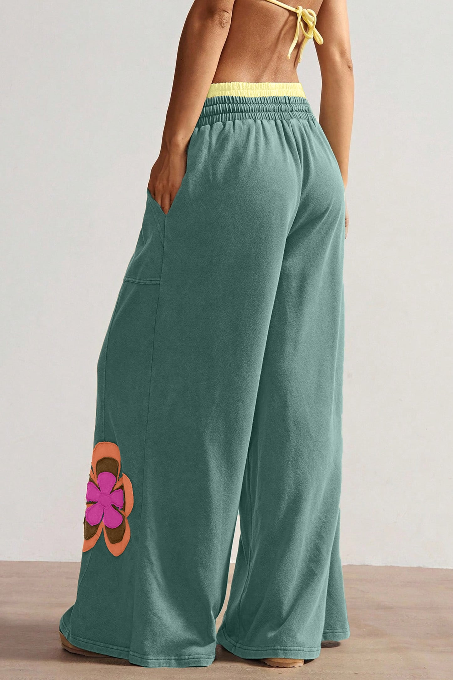 Block Flower Patchwork Drawstring Contrasted Elastic Waist Wide Leg Pants