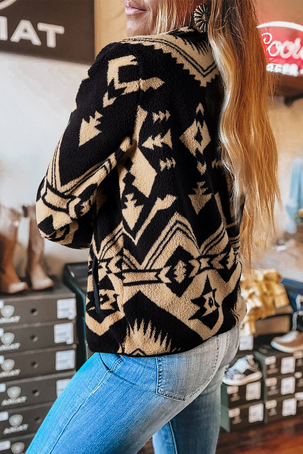 Black Vintage Geometric Half Zip Plush Sweatshirt