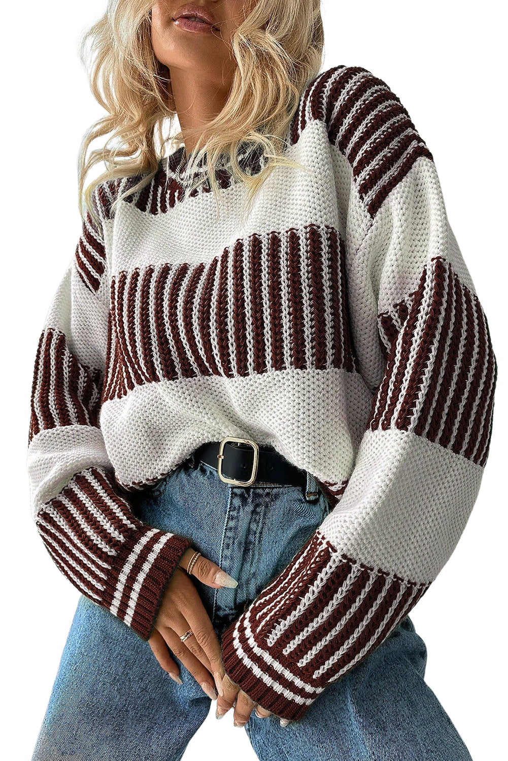 Brown Two Tone Striped Patchwork Drop Shoulder Sweater